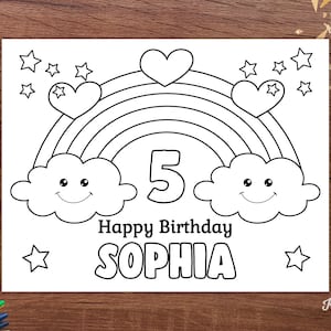 Happy Birthday Coloring Page Editable, Rainbow Birthday Party Coloring Placemat, Rainbow Party Favors, Rainbow Coloring Pages Personalized