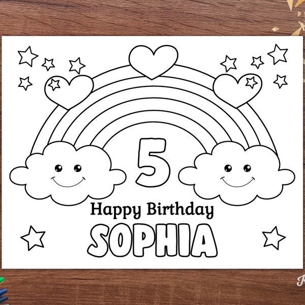 Happy Birthday Coloring Page Editable, Rainbow Birthday Party Coloring Placemat, Rainbow Party Favors, Rainbow Coloring Pages Personalized