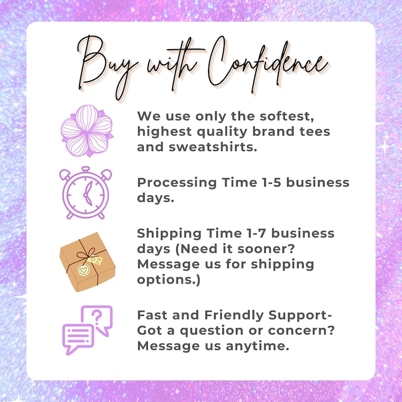 Peut inclure: Fond blanc avec le texte "Buy with Confidence" en &eacute;criture cursive. L'image comprend des ic&ocirc;nes de fleur, d'horloge, de bo&icirc;te cadeau et de bulle, ainsi que du texte sur la qualit&eacute; et le support du produit.