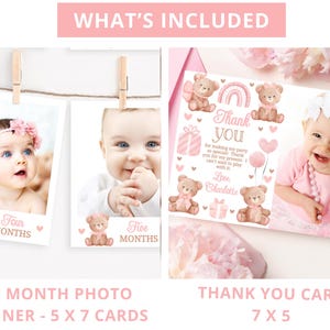 May include: A set of printable baby girl first birthday party decorations featuring a pink and brown teddy bear theme. The set includes a 12-month photo banner with 5x7 cards and a 7x5 thank you card.