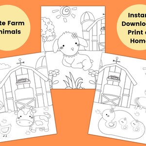 May include: Black and white coloring pages featuring cute farm animals, including a cow, a chick, a duck, a lamb, a horse, and a barn. The pages are titled "Cute Farm Animals" and "Instant Download - Print at Home".