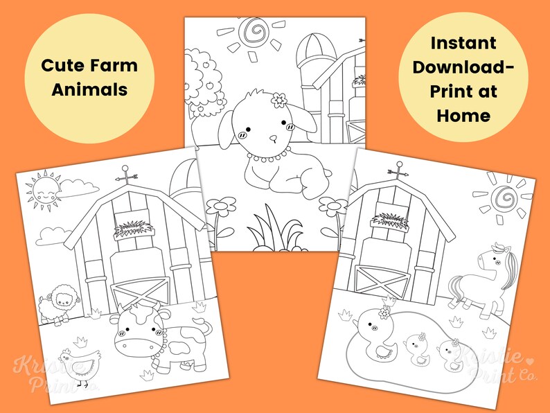May include: Black and white coloring pages featuring cute farm animals, including a cow, a chick, a duck, a lamb, a horse, and a barn. The pages are titled "Cute Farm Animals" and "Instant Download - Print at Home".