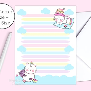 Papeterie de chat, anniversaire de Caticorn, papeterie de Kawaii imprimable, papier à lettre imprimable de Kawaii, enfants mignons stationnaires, chaton, lettre de licorne