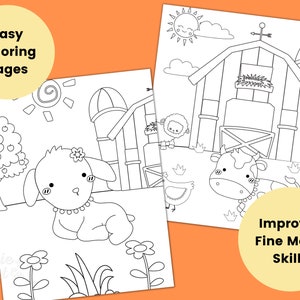 May include: Two black and white coloring pages featuring farm animals. The first page shows a lamb with a flower in its ear and a barn in the background. The second page shows a cow and a chicken in front of a barn.