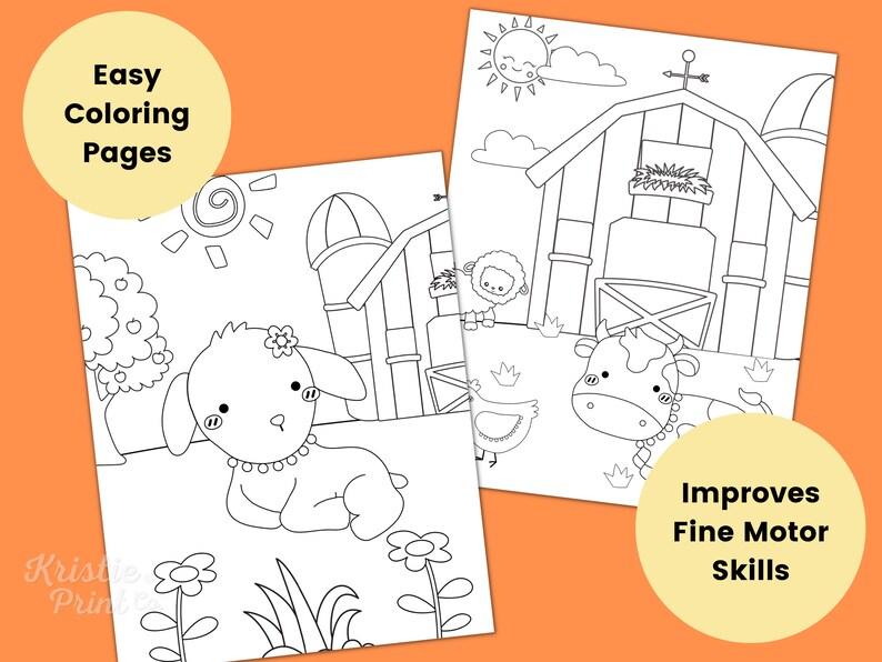 May include: Two black and white coloring pages featuring farm animals. The first page shows a lamb with a flower in its ear and a barn in the background. The second page shows a cow and a chicken in front of a barn.