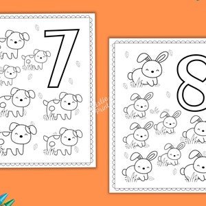 May include: Black and white printable colouring page featuring the numbers 7 and 8 with seven dogs and eight bunnies. The number 7 is surrounded by seven dogs, each with a different pose. The number 8 is surrounded by eight bunnies, each with a different pose.