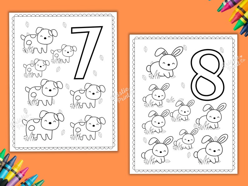 May include: Black and white printable colouring page featuring the numbers 7 and 8 with seven dogs and eight bunnies. The number 7 is surrounded by seven dogs, each with a different pose. The number 8 is surrounded by eight bunnies, each with a different pose.