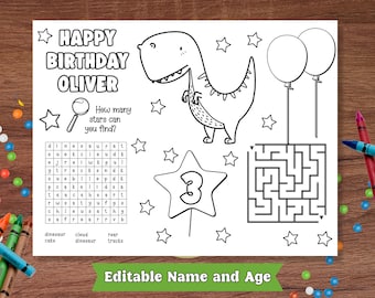 Mantel individual de dinosaurio editable, mantel individual para fiesta de cumpleaños de dinosaurio, página para colorear de dinosaurio, hoja de actividades imprimible para fiesta de cumpleaños con temática de dinosaurio