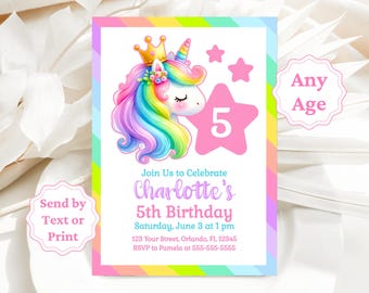 女の子向け誕生日招待状 ユニコーンバースデー レインボーユニコーン招待状テンプレート マジカルユニコーンパーティー招待状 パステルユニコーン招待状 GUI2