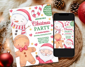 May include: A Christmas party invitation with a watercolor illustration of a snowman, gingerbread man, and Santa Claus. The invitation includes the text "Join us for a Christmas Party at Jessica Smith's" and details about the party, including the date, time, address, and RSVP information.