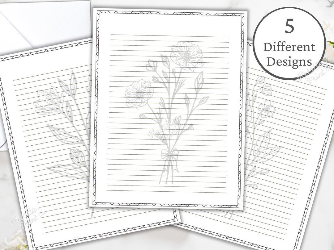 Black and White Floral Lined Paper, Printable Stationery Paper