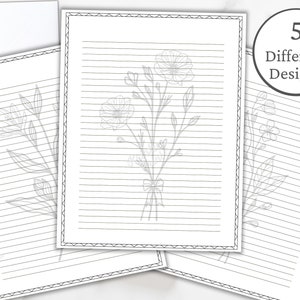Printable Lined Paper Bundle, Printable Lined Pages, Stationery Set, Lined Paper PDF, Black and White Floral Paper, Printable Notes Page