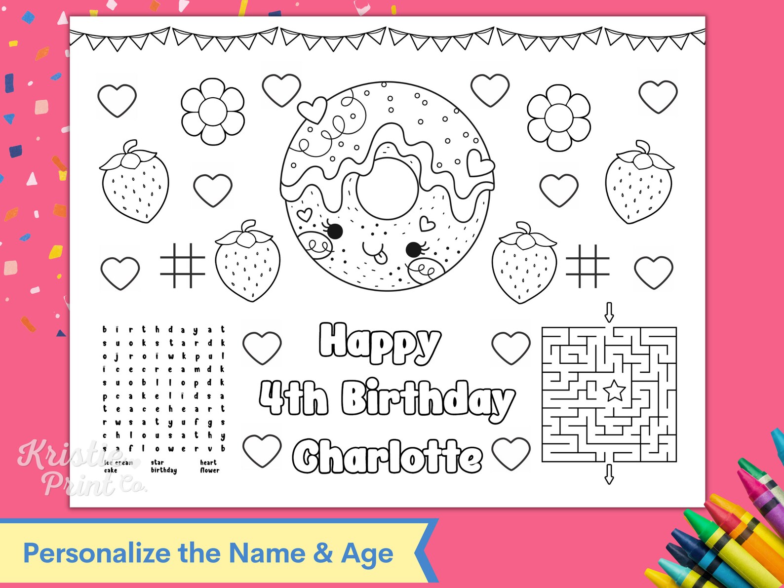 Doughnut Birthday Party Coloring Placemat, Happy Birthday Coloring Page