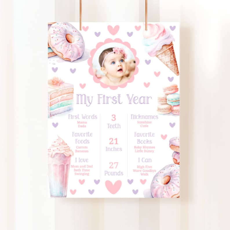 Puede incluir: Un gr&aacute;fico de hitos del primer a&ntilde;o de un beb&eacute; en rosa y morado con una foto de una ni&ntilde;a. El gr&aacute;fico incluye informaci&oacute;n sobre las primeras palabras del beb&eacute;, sus alimentos favoritos, su altura, su peso y otros hitos. El gr&aacute;fico est&aacute; decorado con lindas ilustraciones de donas, conos de helado y macarons.