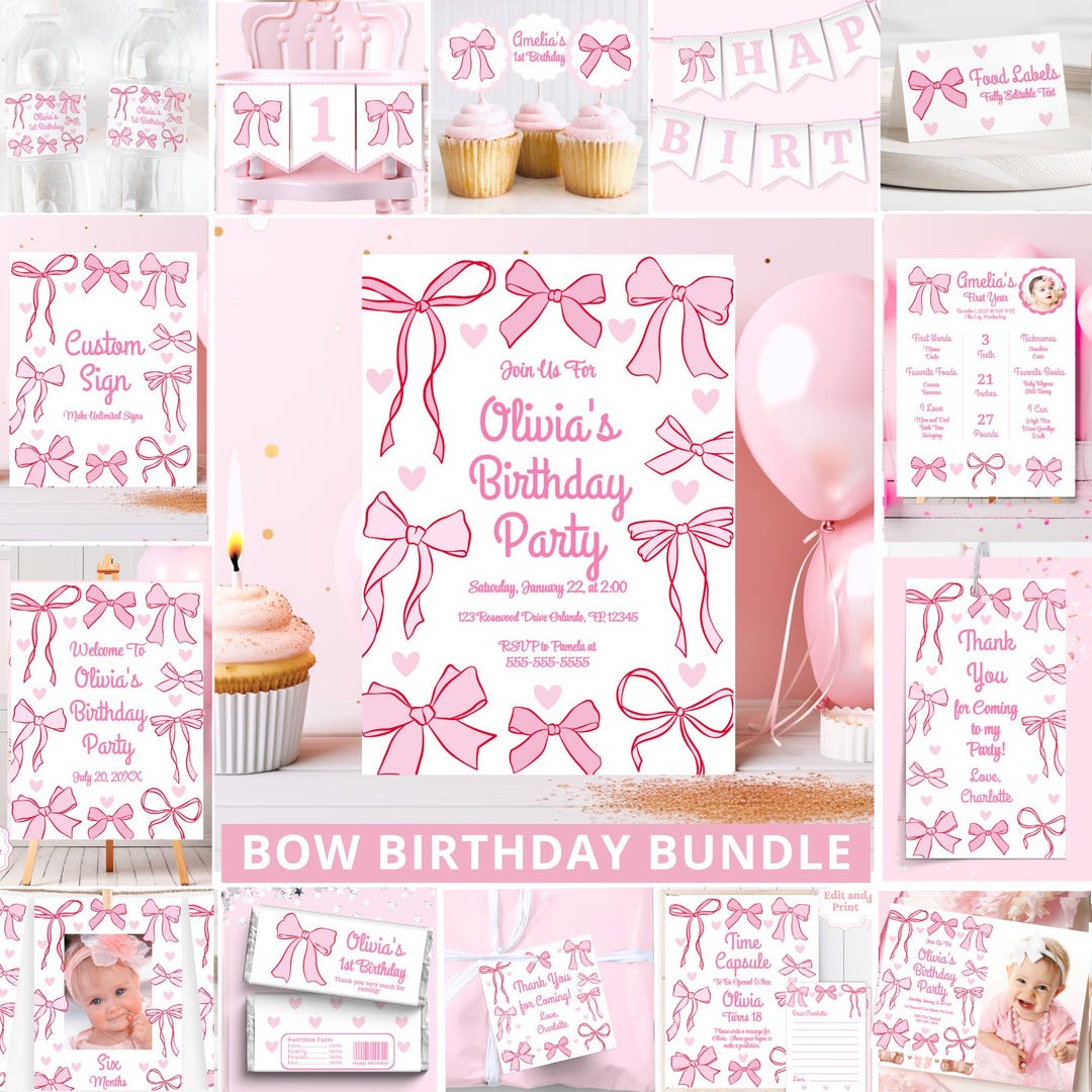 Pink Bow Coquette Birthday Bundle Pink Bow Birthday Bundle 1st Birthday ...