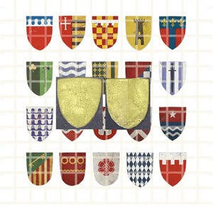 Può includere: Una griglia di venti scudi araldici con vari disegni, tra cui croci, torri, gigli, spade e motivi floreali. Due scudi centrali sono in oro massiccio, mentre gli altri mostrano diversi colori e motivi geometrici.