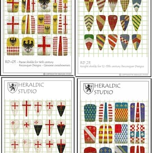 May include: Four panels displaying heraldic shield designs. The shields feature crosses, stripes, and geometric patterns in red, white, yellow, and black. Text includes "HERALDIC STUDIO" and descriptions such as "Pavise shields" and "Templar shields" for 12th-14th century designs.
