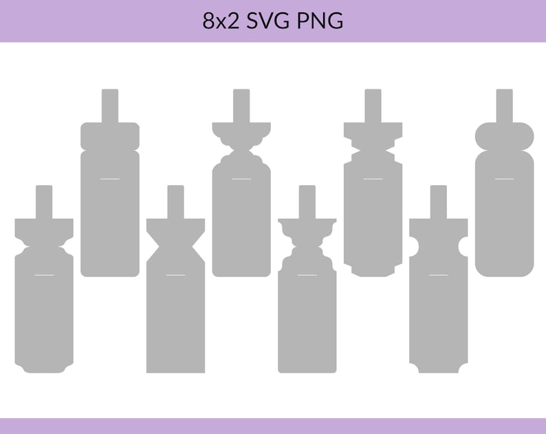 May include: Eight different gray bottle label templates with various shapes and designs. The labels are designed for use with a cutting machine.