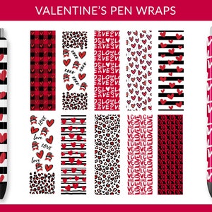 Könnte beinhalten: Satz von zehn Valentinstags-Stiftverpackungen mit verschiedenen Mustern und Designs. Die Designs beinhalten Herzen, Streifen, Punkte, Leopardenmuster und die Wörter "Love" und "XOXO".