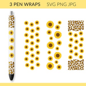 Könnte beinhalten: Drei druckbare Stift-Ummantelungen mit einem Sonnenblumenmuster und einem Leopardenmuster. Die Designs sind bereit zum Drucken und Ausschneiden für die Verwendung auf Stiften.