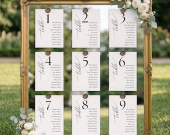 Wedding Seating Chart Template, Table Number Cards with Guest List, Editable Canva, Minimalist Script Seating Plan