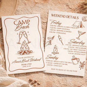 May include: Two cream-colored invitation cards with brown text and illustrations. One card reads "Camp Bach" with champagne glasses and a bonfire graphic. The other card lists weekend details, including times for cocktails, bonfires, and stargazing.