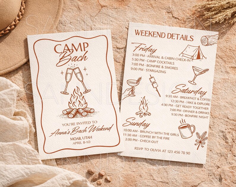 May include: Two cream-colored invitation cards with brown text and illustrations. One card reads "Camp Bach" with champagne glasses and a bonfire graphic. The other card lists weekend details, including times for cocktails, bonfires, and stargazing.