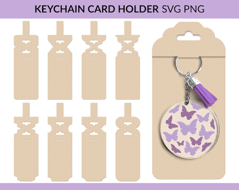 May include: A set of eight blank card holders with a keychain attachment. The card holders are beige and have a slot for a card. The keychain is a silver circle with a purple butterfly design.