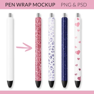 May include: Five pens with different designs. The pens are white with pink glitter, white with a leopard print, white with blue glitter, white with pink hearts, and a plain white pen.