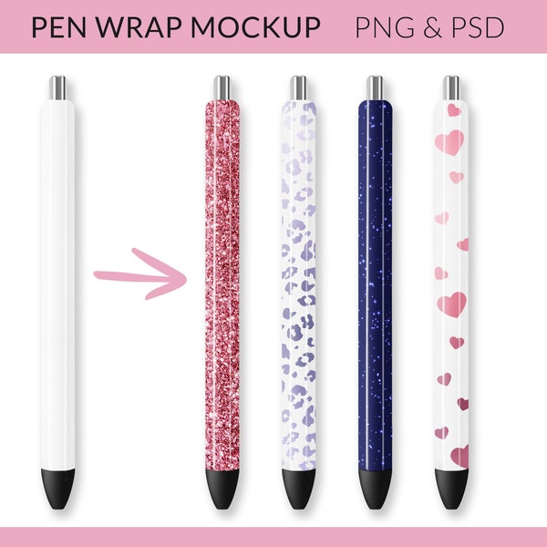 Pen Wraps Mockup, Epoxy Pen Wrap Mockup, Blank White Epoxy Glitter Pen Mockup, Ink Joy Mockup, PNG Transparency, PSD Smart Object