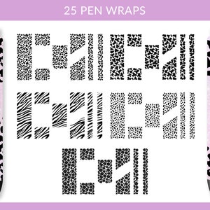 May include: 25 pen wraps featuring black and white animal print designs. The designs include leopard, zebra, and dalmatian patterns. The wraps are designed to be applied to pens.
