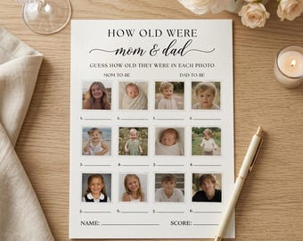 How Old Were The Mom & Dad To Be Game, Baby Shower Guessing Game, Photo Baby Shower Activity, Printable Canva Template