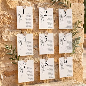 May include: Nine ivory place cards with black calligraphy, each numbered and listing names, are affixed to a textured stone wall with wax seals. Olive branches add a natural touch to the wedding seating arrangement.