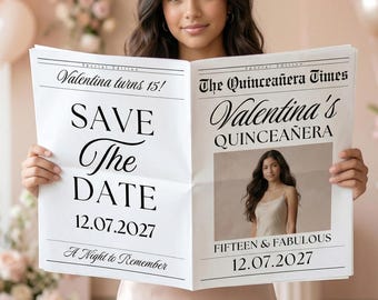 Quinceañera Newspaper Template Editable Canva, Save The Date Quinceañera Invitation, 15th Birthday Invitation, Quince Invite