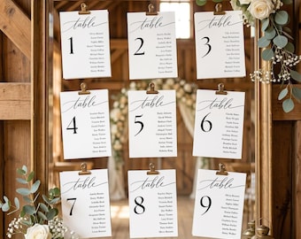 Wedding Seating Chart Template, Table Number Cards with Guest List, Editable Canva, Minimalist Script Seating Plan