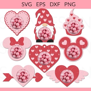 May include: Set of ten Valentine's Day favour tags featuring various designs, including hearts, a gnome, a cupcake, and Mickey Mouse ears. Each tag has a clear circle for adding sweets or small treats.