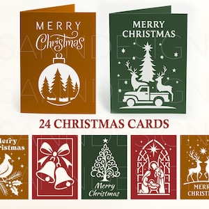 Peut inclure: Un ensemble de 24 cartes de Noël avec divers motifs. Les cartes présentent des images festives telles qu'un sapin de Noël, des rennes et un camion transportant un arbre. Les cartes sont dans des tons de marron, vert et rouge, avec des motifs découpés en blanc et les mots "Joyeux Noël".