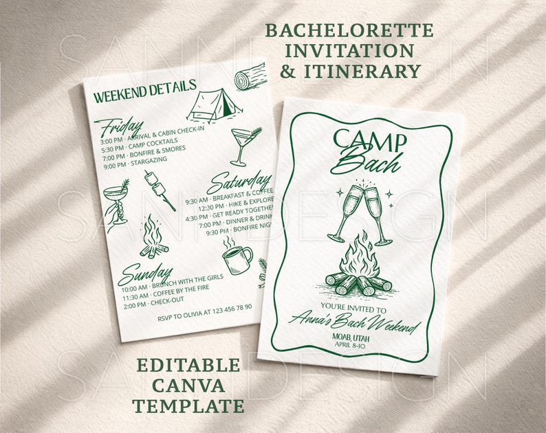 May include: Two white paper invitations with green text and illustrations. One reads "Weekend Details" with a schedule. The other says "Camp Bach" with champagne glasses and a bonfire. The text "Editable Canva Template" is at the bottom.