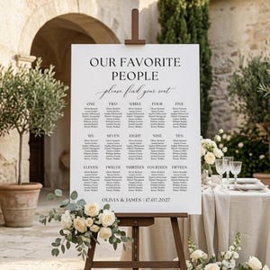 May include: A white wedding seating plan on a wooden easel, with the text "OUR FAVORITE PEOPLE" and "please find your seat." The chart lists names under numbers one to fifteen. The date "17.07.2027" is also displayed.