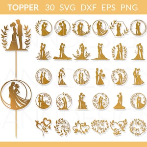 Gâteau de mariage SVG, M. Mme Wedding Topper SVG, Cupcake Topper de mariage SVG, Ensemble de mariage Cricut Silhouette Glowforge Fichier découpé au laser