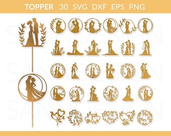 May include: A set of 30 gold-colored SVG, DXF, EPS, and PNG files featuring various wedding cake toppers. The toppers depict a couple in different poses, including holding hands, kissing, and dancing. Some toppers include floral wreaths and the text "Mr. & Mrs."