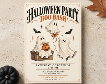 Kids Halloween Party Invitation, Boo Bash Invite, Cute Ghost Halloween Invitation, Editable Canva Template, Halloween Party for Kids