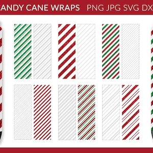 May include: A set of 12 printable candy cane wrap designs in red, green, and white. The designs include solid colors, stripes, and glitter patterns. The designs are perfect for adding a festive touch to your holiday gifts.