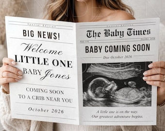 Newspaper Baby Announcement Template, Pregnancy Announcement Newspaper, Editable Canva Baby Coming Soon, Custom Baby Reveal Printable