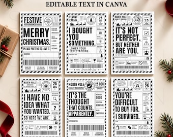 Modèle Canva d'étiquettes de Noël sarcastiques, étiquettes cadeaux thermiques amusantes 4x6, lot d'étiquettes d'expédition de Noël modifiables