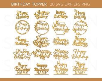 Puede incluir: Veinte adornos para pasteles de color dorado con el texto "Happy Birthday" en varios estilos y fuentes. Algunos adornos incluyen diseños florales, estrellas y corazones. Algunos adornos tienen un espacio para agregar un nombre.