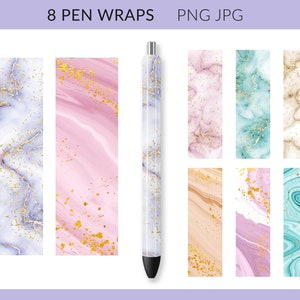 May include: Eight printable pen wraps featuring marble and gold foil patterns. The designs include blue and white marble, pink and gold marble, teal and gold marble, beige and gold marble, peach and gold marble, pink and gold marble, and two teal and gold marble designs.
