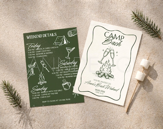 Camp Bachelorette Invitation Template, Camp Bach Invite, Bachelorette Itinerary Template, Editable Canva Bachelorette Weekend Invitation