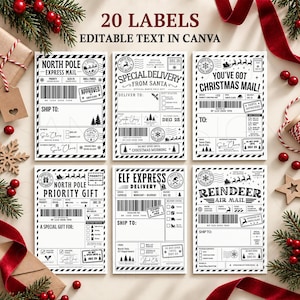 May include: A set of 20 printable Christmas-themed shipping labels with editable text. The black and white designs feature North Pole, Santa, and reindeer motifs, including barcodes, postal stamps, and delivery fields for names and addresses.