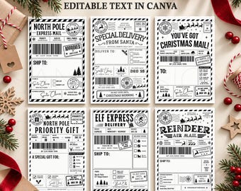 Christmas Shipping Labels Canva Template, Santa Mail North Pole Labels, 4x6 Printable Gift Labels, Editable Christmas Label Bundle